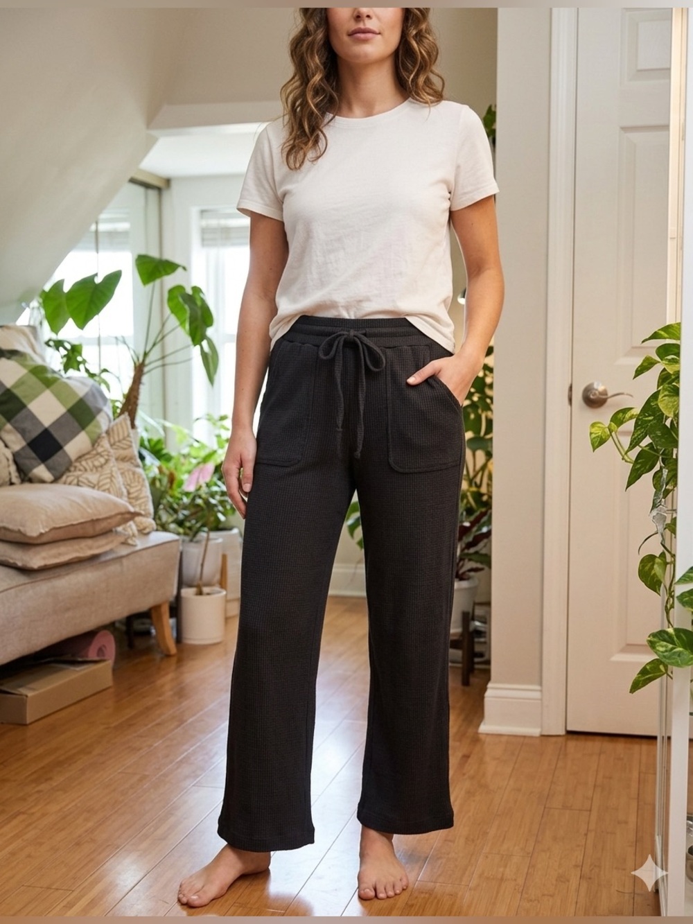 Amour Vert Black Ribbed Drawstring Lounge Pants